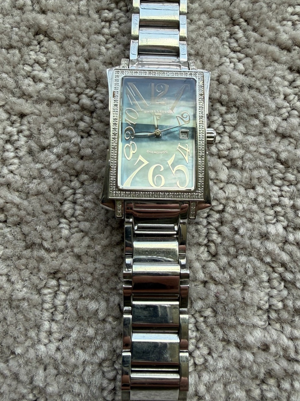 Swiss Legend Silver Stainless Steel Rectangular Watch with Mother-of-Pearl Dial
